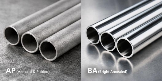 AP BA stainless steel tubing surface finish guide image with two tube samples - octal pipe AP BA stainless steel tubing surface finish guide image with two tube samples - octal pipe
