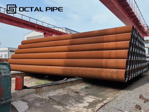 stacked display of various grade ERW steel pipes (Gr. B X52 X60 X70) stacked display of various grade ERW steel pipes (Gr. B X52 X60 X70)